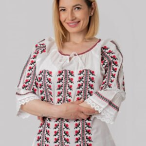 Ie traditionala alba cu motiv floral rosu Anais