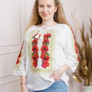 Ie traditionala alba cu motiv floral rosu Anda
