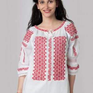 Ie traditionala alba cu motiv floral rosu Antonia