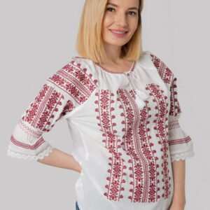 Ie traditionala alba cu motiv floral rosu Astrid