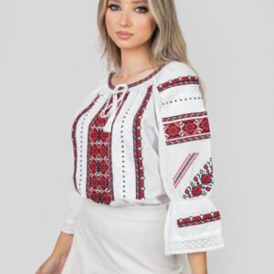 Ie traditionala alba cu motiv floral rosu Atena 03