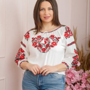 Ie traditionala alba cu motiv floral rosu Carina