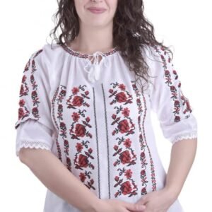 Ie traditionala alba cu motiv floral rosu Carolina 01