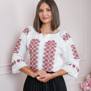 Ie traditionala alba cu motiv floral rosu Clarisa 02