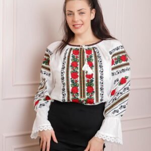 Ie traditionala alba cu motiv floral rosu Clementina 01