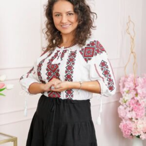 Ie traditionala alba cu motiv floral rosu Corina 03