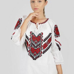 Ie traditionala alba cu motiv floral rosu Cosmina
