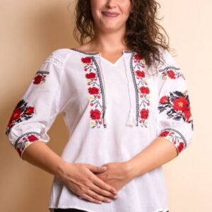 Ie traditionala alba cu motiv floral rosu Crenguta 01