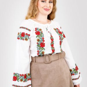 Ie traditionala alba cu motiv floral rosu Daniela