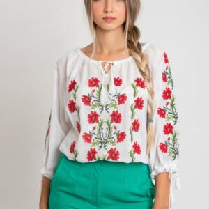 Ie traditionala alba cu motiv floral rosu Daria 01