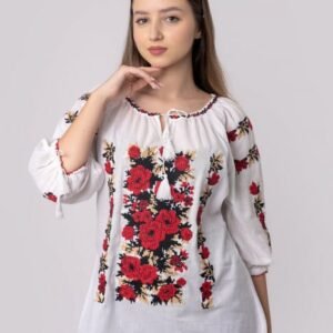 Ie traditionala alba cu motiv floral rosu Doinita