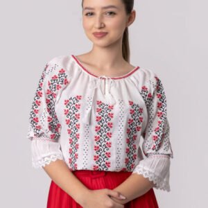 Ie traditionala alba cu motiv floral rosu Domnica