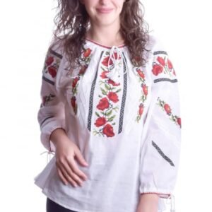Ie traditionala alba cu motiv floral rosu Iulia 01