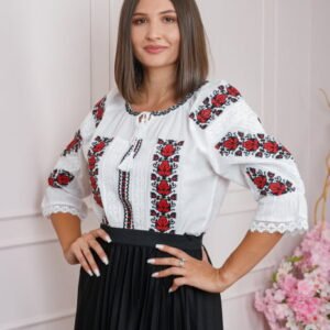 Ie traditionala alba cu motiv floral rosu Lavinia 01