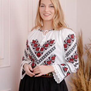 Ie traditionala alba cu motiv floral rosu Lavinia 02