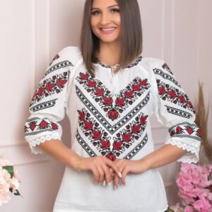 Ie traditionala alba cu motiv floral rosu Lavinia 04