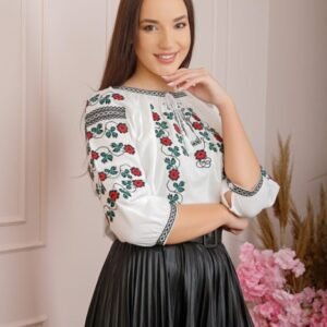 Ie traditionala alba cu motiv floral rosu Livia