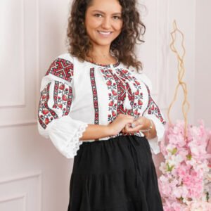Ie traditionala alba cu motiv floral rosu Loredana