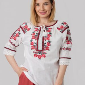 Ie traditionala alba cu motiv floral rosu Maia