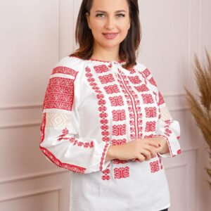 Ie traditionala alba cu motiv floral rosu Marilena