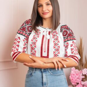 Ie traditionala alba cu motiv floral rosu Marta