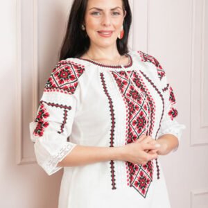 Ie traditionala alba cu motiv floral rosu Martina 03