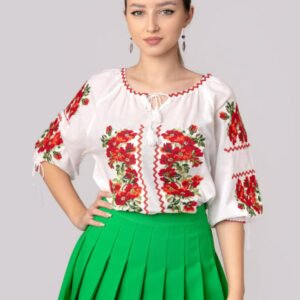 Ie traditionala alba cu motiv floral rosu Mia