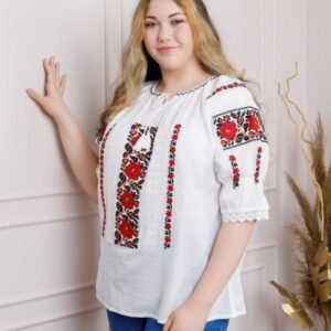 Ie traditionala alba cu motiv floral rosu Mihaela 03
