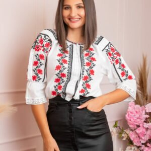 Ie traditionala alba cu motiv floral rosu Natasa