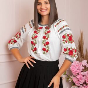 Ie traditionala alba cu motiv floral rosu Noemi