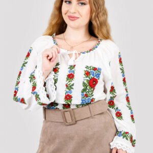 Ie traditionala alba cu motiv floral rosu Paulina