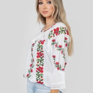 Ie traditionala alba cu motiv floral rosu Roza