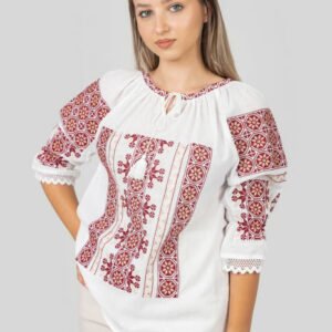 Ie traditionala alba cu motiv floral rosu Sanziana 01