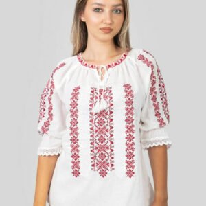 Ie traditionala alba cu motiv floral rosu Selina 01