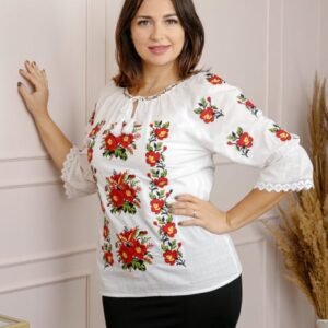 Ie traditionala alba cu motiv floral rosu Sofia 01
