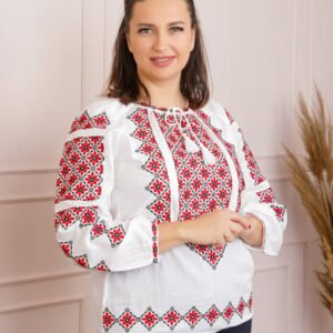 Ie traditionala alba cu motiv floral rosu Taisia