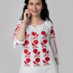 Ie traditionala alba cu motiv floral rosu Zoe