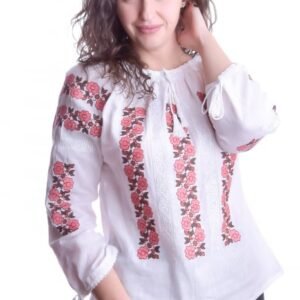 Ie traditionala alba cu motiv floral roz Valentina