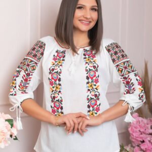 Ie traditionala alba cu motiv floral tricolor Catrinel