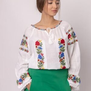 Ie traditionala alba cu motiv floral tricolor Daciana - maneca lunga