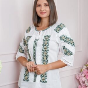 Ie traditionala alba cu motiv floral verde Malina