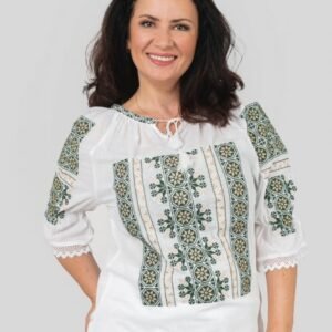 Ie traditionala alba cu motiv floral verde Sanziana 02