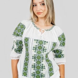 Ie traditionala alba cu motiv floral verde Sanziana 03