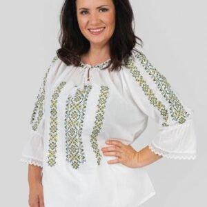 Ie traditionala alba cu motiv floral verde Selina 02
