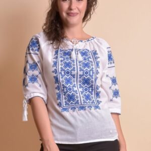Ie traditionala alba cu motiv geometric albastru Anica 02
