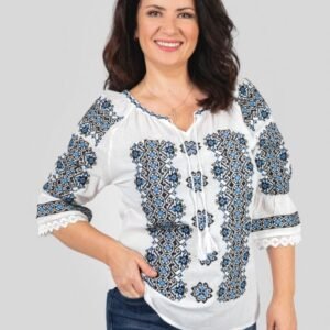 Ie traditionala alba cu motiv geometric albastru Anne 03
