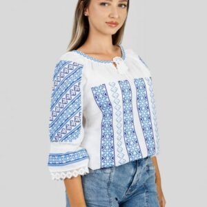 Ie traditionala alba cu motiv geometric albastru Aurora 01