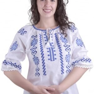 Ie traditionala alba cu motiv geometric albastru Claudia 02