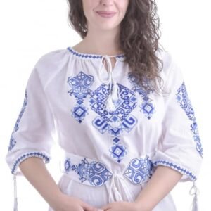 Ie traditionala alba cu motiv geometric albastru Cristiana 02