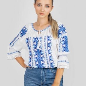 Ie traditionala alba cu motiv geometric albastru Despina 03